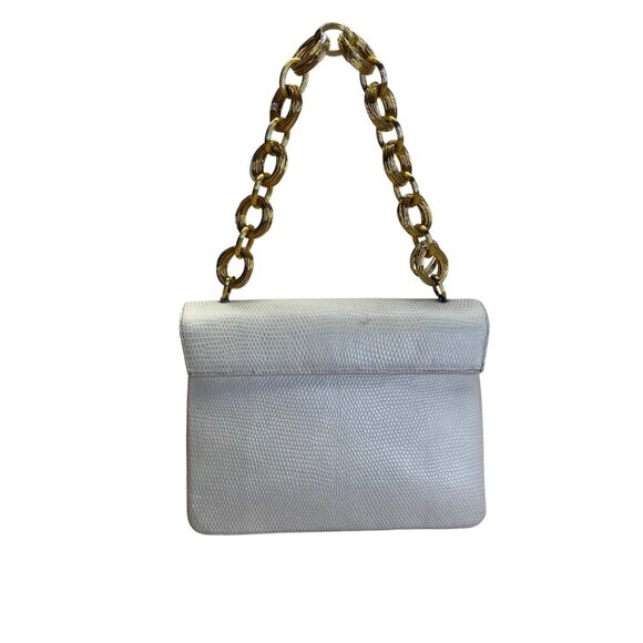 Vintage Finesse White Faux Lizard Leather Handbag Gold Chain Strap & Twist Clasp - Picture 3 of 8